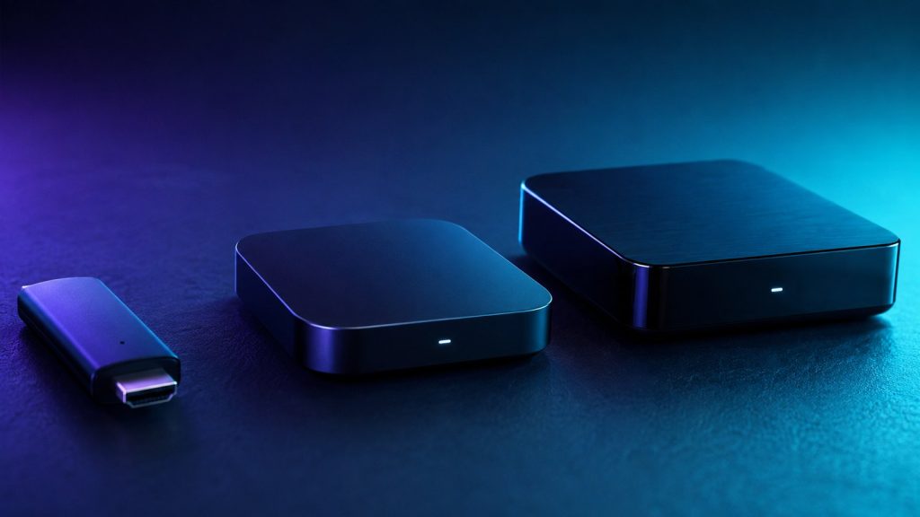 A lineup of IPTV streaming boxes and sticks arranged from budget to premium