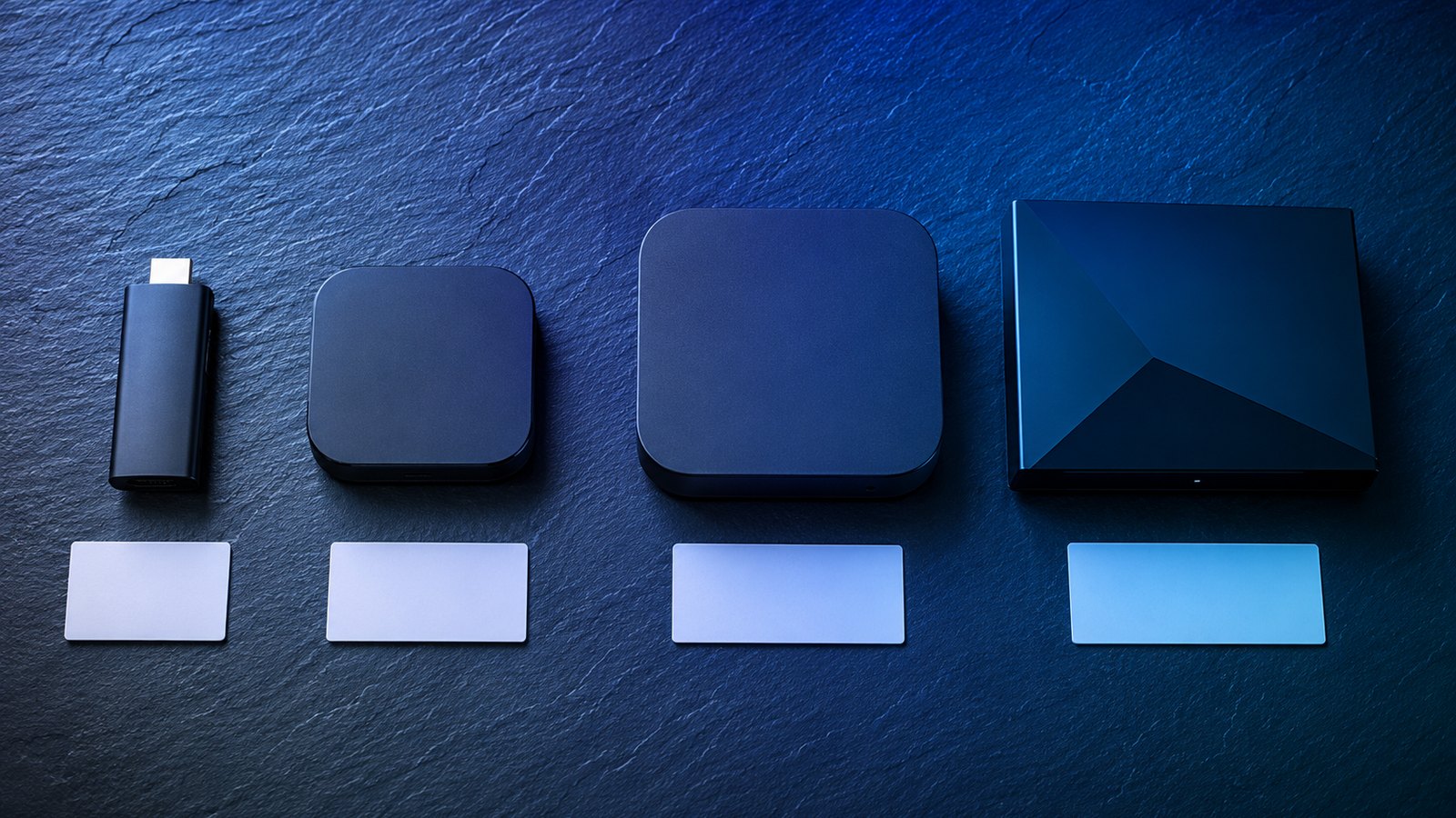 A lineup of streaming devices from a small budget stick to a premium box, arranged by price