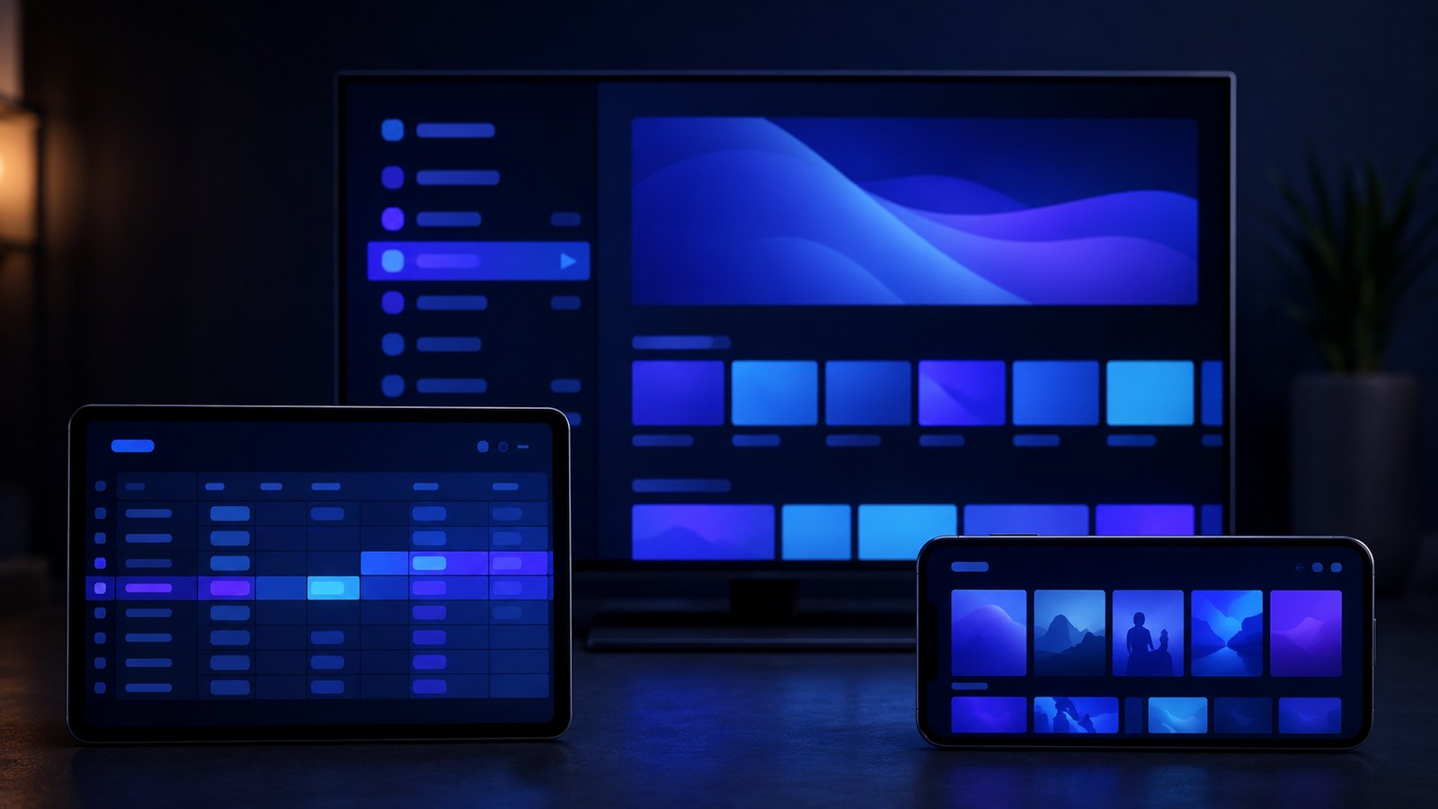 Several IPTV player app interfaces side by side showing channel lists and TV guides