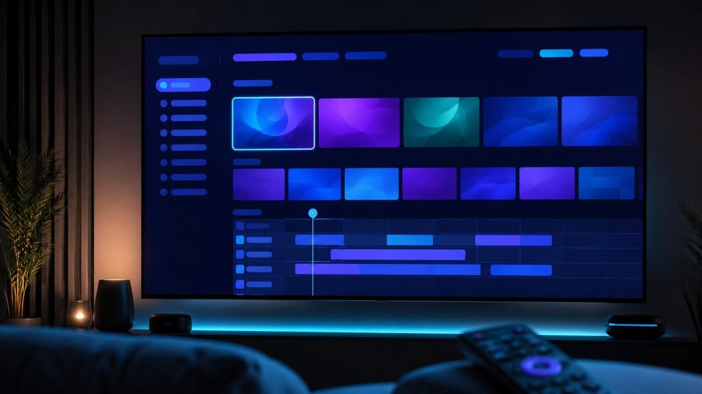 Several IPTV player app interfaces on a TV screen showing channel lists and a TV guide