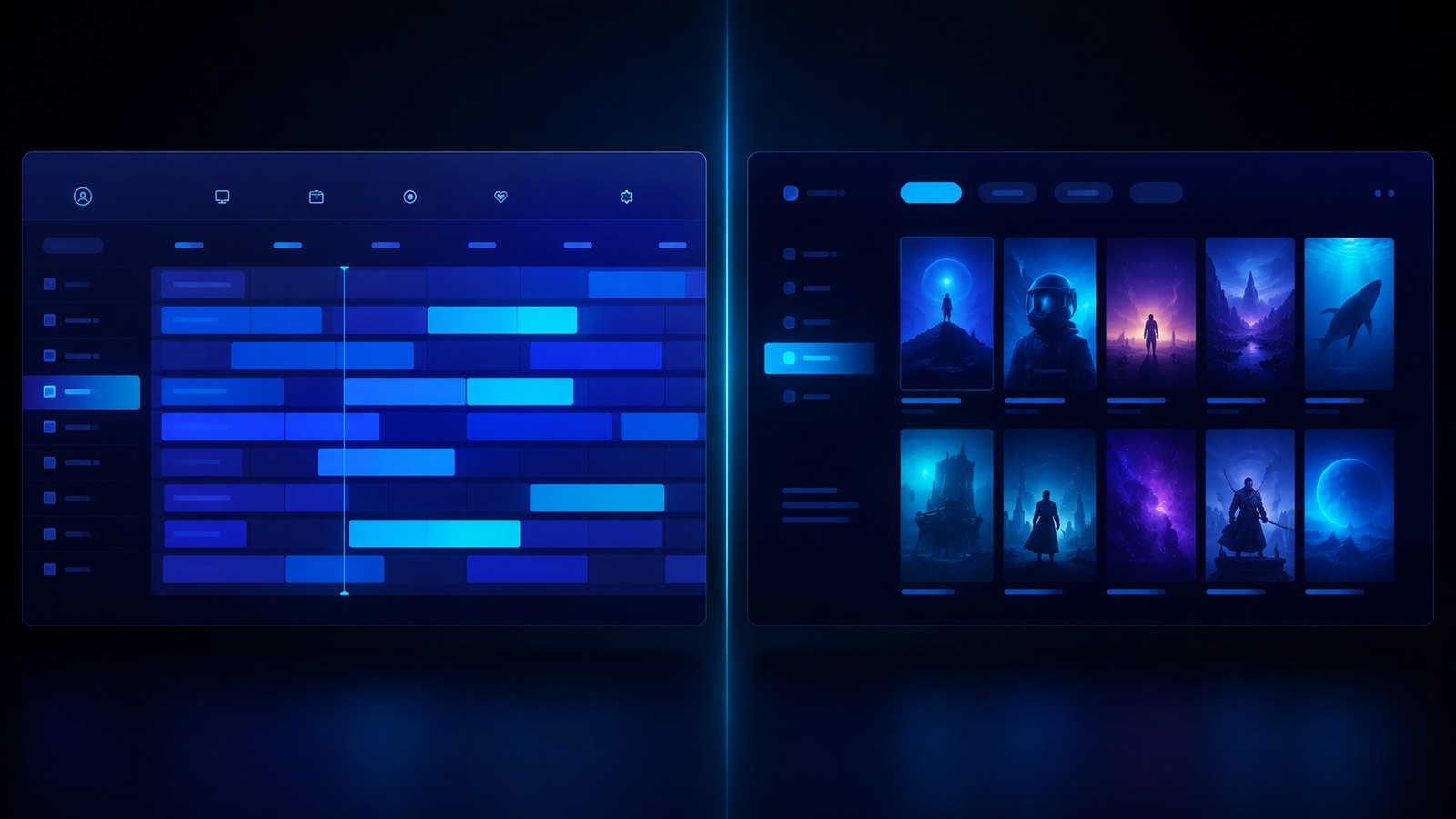 Two IPTV player interfaces side by side, one polished with a TV guide grid and one simpler with a movie library