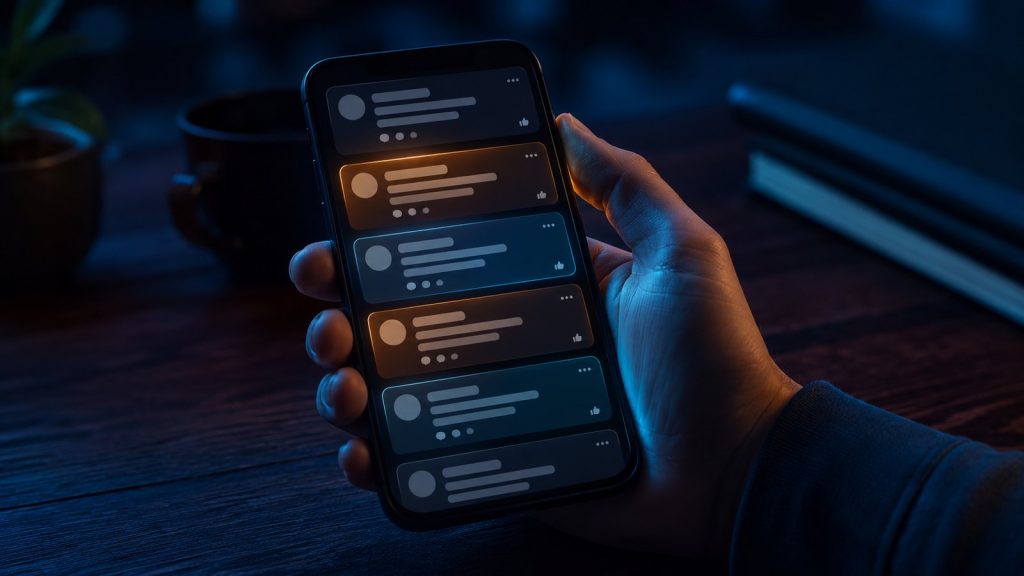 A phone showing an IPTV discussion thread, some replies flagged as fake and others as trustworthy