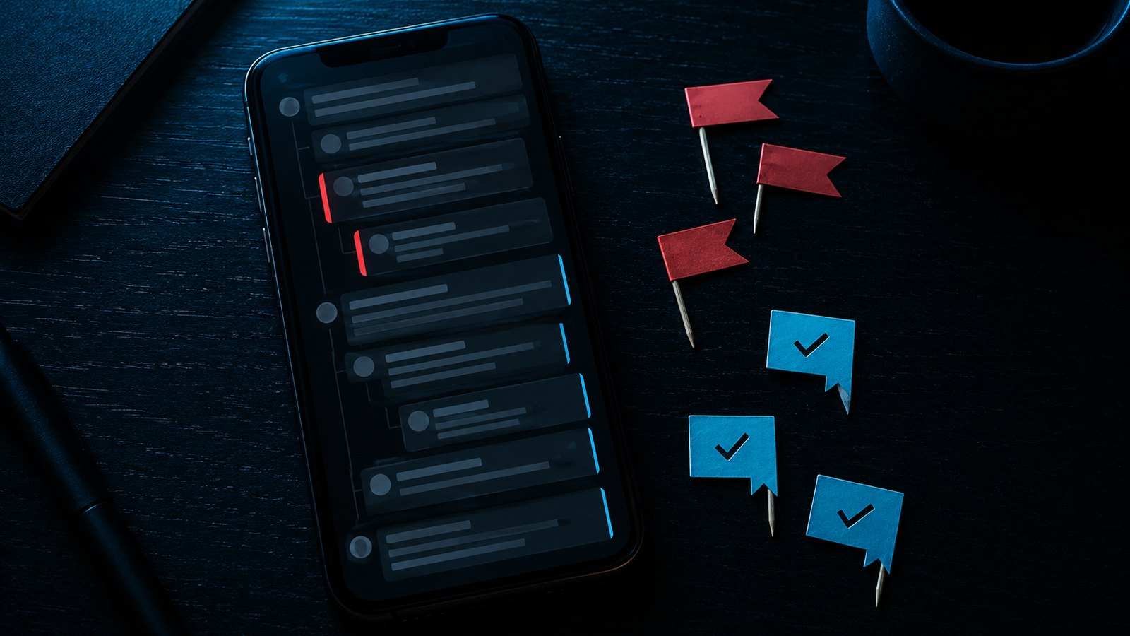 A phone showing a discussion thread, some replies marked with warning flags and others with check marks