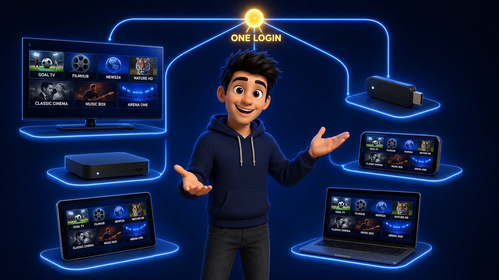 One IPTV login working across a TV, streaming stick, phone, tablet, laptop and Android box