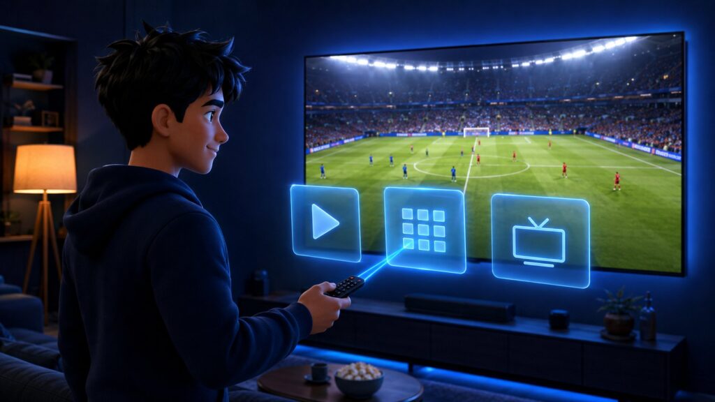 IPTV running on a large Smart TV in a living room with Samsung, LG and Android TV app panels floating beside it